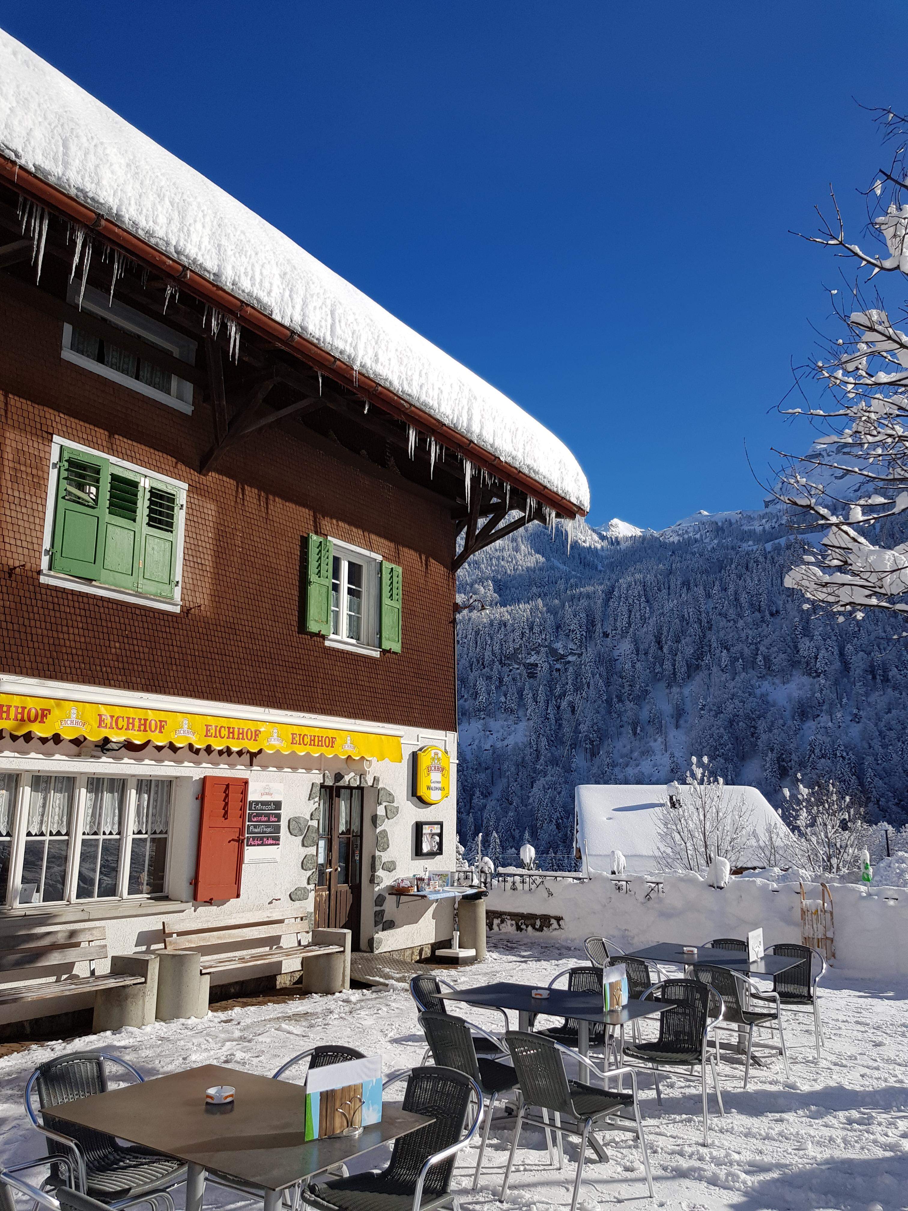 Waldhaus mit verschneiter Terrasse im Winter